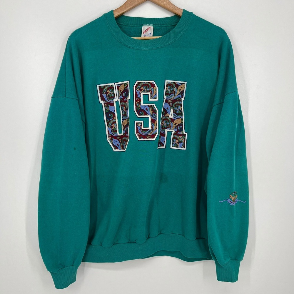 Vintage Jerzees USA Paisley Graphic Sweatshirt Mens 3X Teal Green 90s USA Made